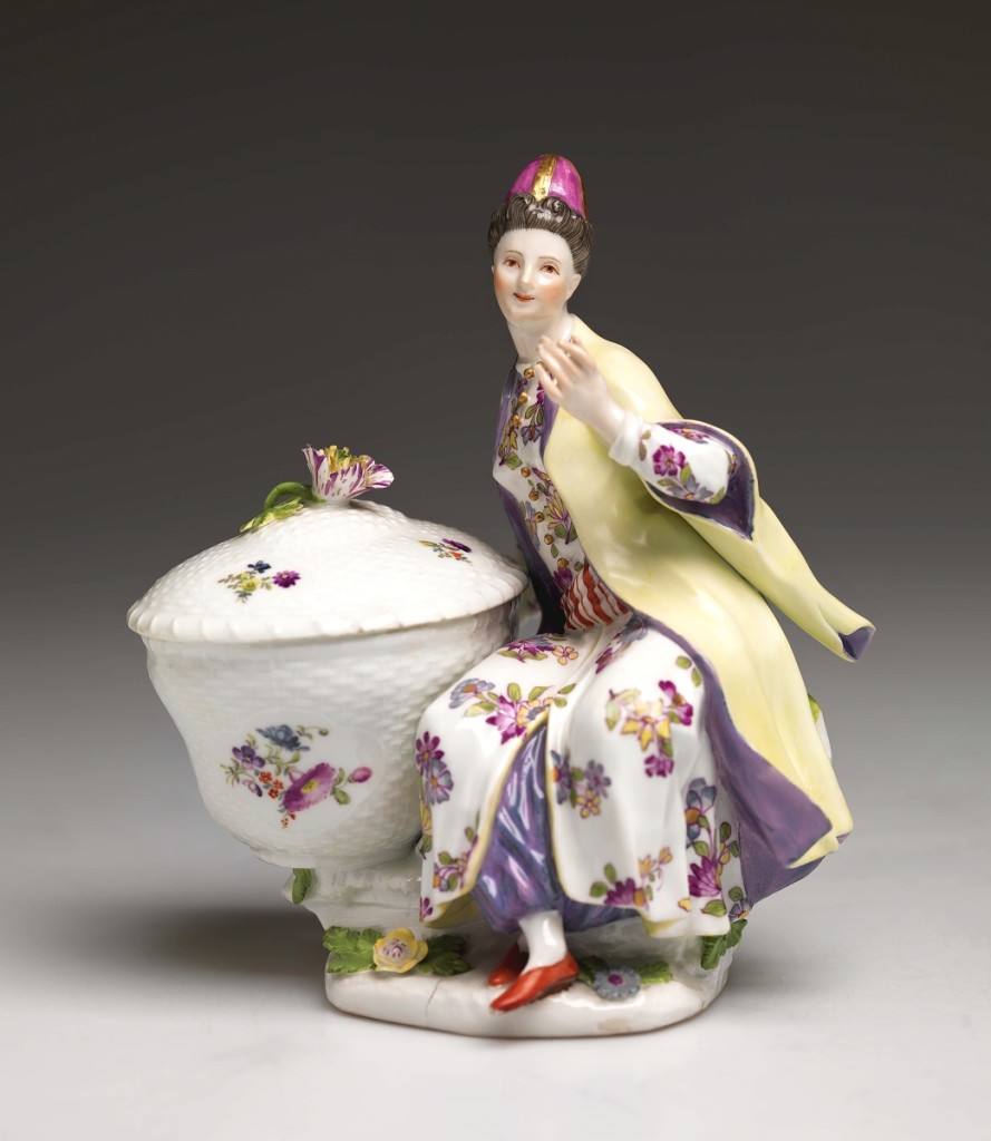 “Turkish woman with sugar basket” by Johann Joachim Kändler (German, 1706-1775), modeler, Meissen Porcelain Manufactory, Germany, 1710-present, circa 1745. Porcelain with enamels, glaze and gilding, 6-3/8 inches tall. Gift of Miss Lucy T. Aldrich.