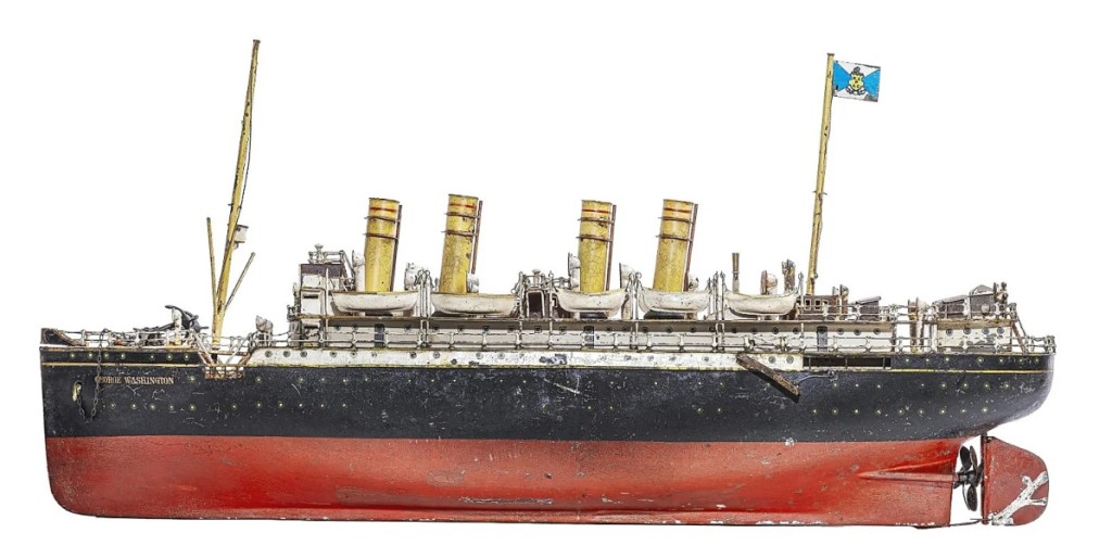 The third highest price of the sale — $48,000 — was realized for this large Gebruder Marklin George Washington ocean liner with four funnels that was made in 1910 and measured 38 inches long. Considered in excellent-plus condition, it retained all ten of its original lifeboats, and did not appear to have been “fired up” many times ($50/70,000).