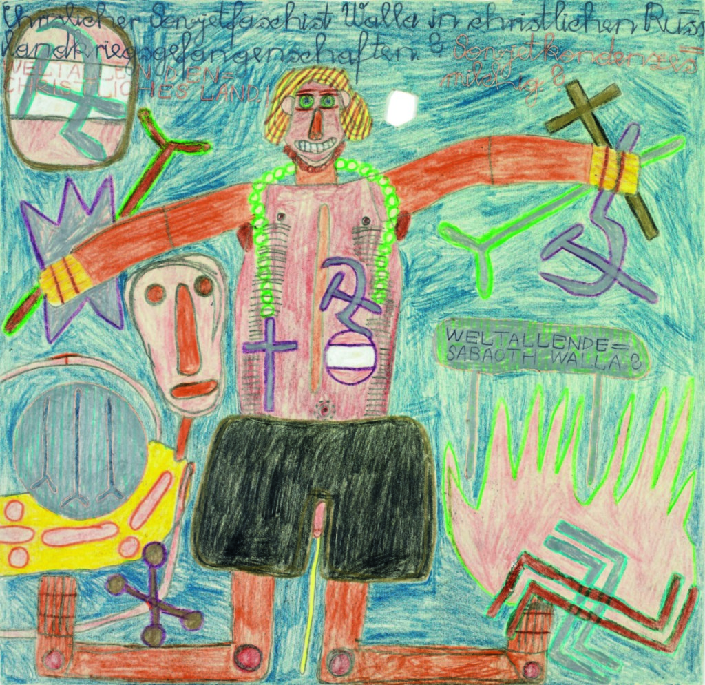 August Walla, “Weltallendechristliches Land   (End of Universe Christian Country!),” n.d., pencil, colored pencil and ballpoint pen on paper, 11-13/16 by 12-3/16 inches.   Art Brut KG. Image © Art Brut KG