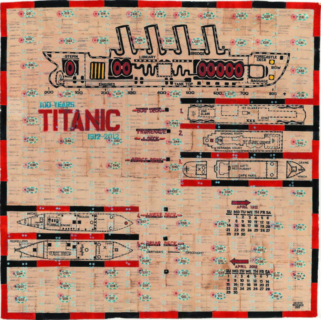 George Widener, “Hundred Years Titanic,” GW/P 01, 2012, mixed media on paper, 58-11/16 by  59-13/16 inches. Collection of Victor F. Keen. © Ricco/Maresca Gallery.