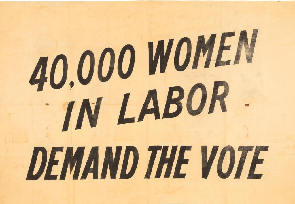 Women’s suffrage material was in comparatively short supply in the sale with only four lots on offer. This 36-by-54-inch banner offered a defiant message that bidders responded to. It finished at $26,250.