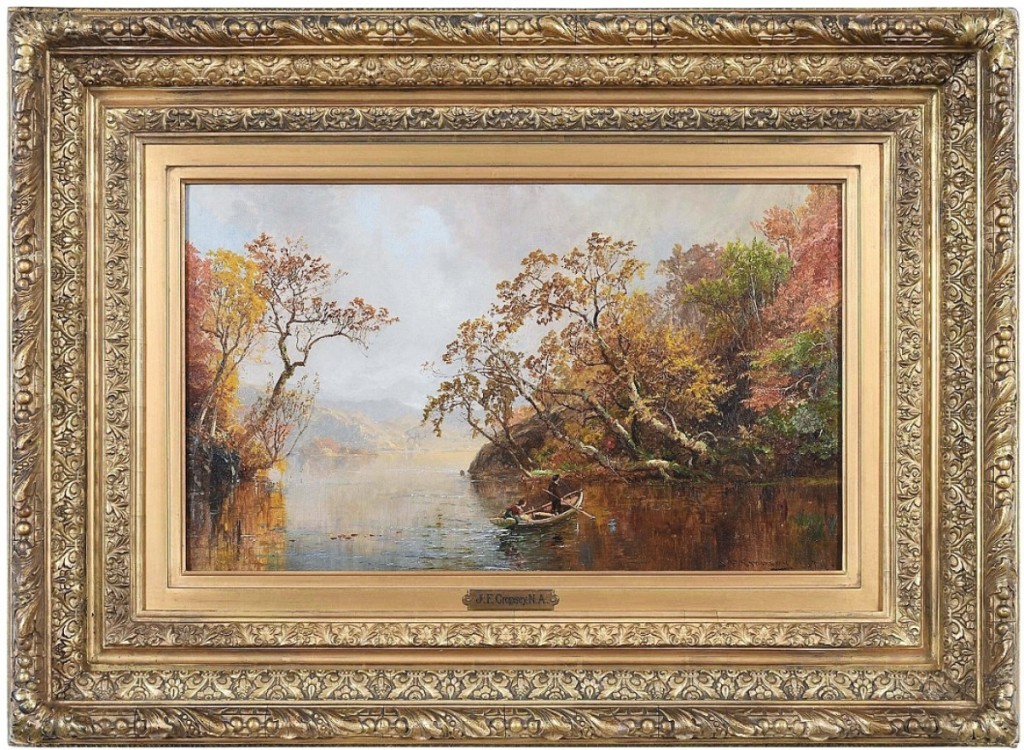 “That was a very personal picture,” Nan Zander said of Jasper Francis Cropsey’s “Boating on the Lake,” which was a small personal size at just 12 by 20 inches and sailed to $159,900. “Every detail is fully realized, including the name on the boat — Frank, which was Cropsey’s name” ($80/120,000).