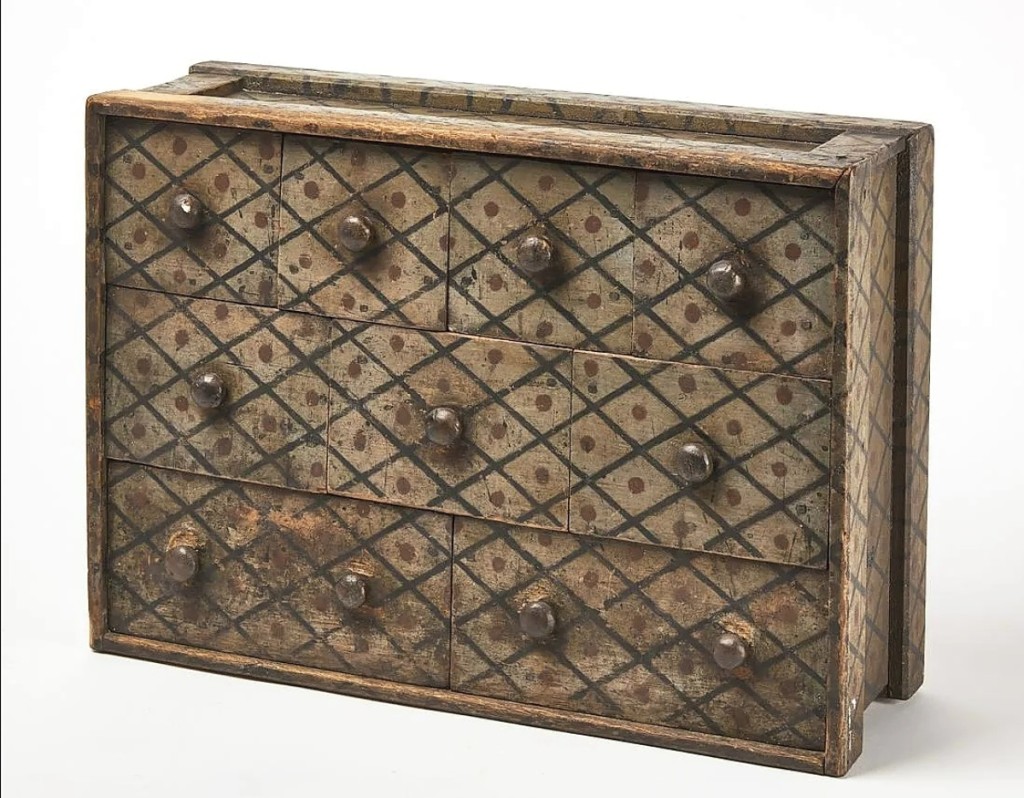“It was just incredible. It was the first thing I grabbed from the Center’s house,” Fred Giampietro said of this paint-decorated spice chest with forged nail construction that had been made in Maine around 1850. It finished at $16,250, the top price realized by a work in the Center’s collection ($1/2,000).