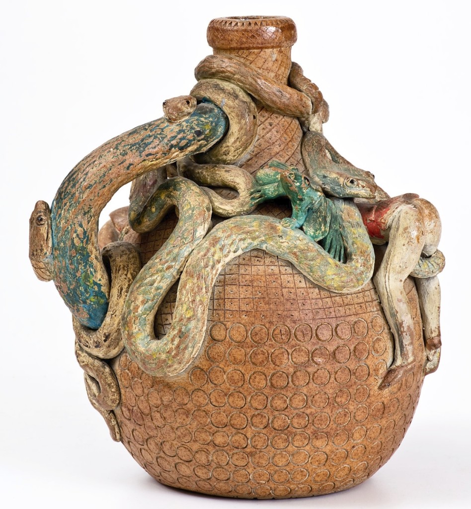 Fresh-to-the-market, this Anna Pottery cold-painted stoneware temperance jug was in exceptional condition and in an unusually small size at 8 inches tall. These factors drove interest in it and bidders topped it off at $42,000 ($20/30,000).