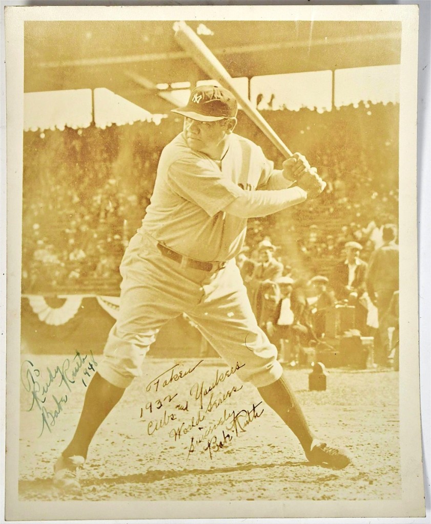 Apparently, Babe Ruth signed this photo in 1948. An ink inscription tells us that it was taken in 1932 during the Cubs-Yankees World Series. Another inscription reads “To Rudy, 1948, Babe.” It sold for $2,124.
