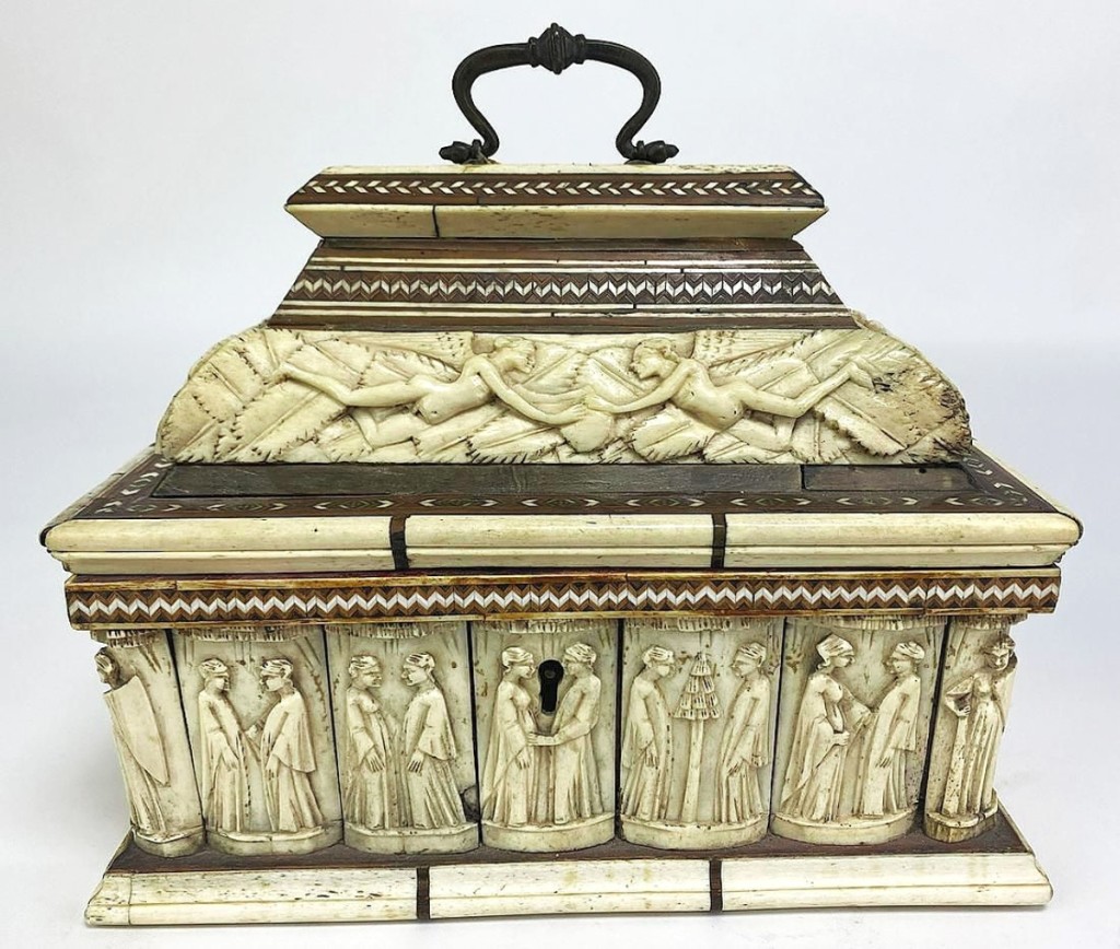 There were two of these carved bone and inlaid wedding caskets. Both were from the Italian workshop of Luigi Pelletieri Baldassare Embriachi and both were made in the early years of the Fifteenth Century. This one sold for $15,680. The second one brought a bit less, $14,640.