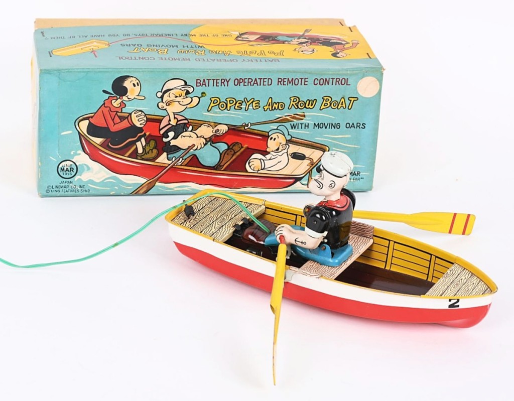 Among the more than 60 rare toys with Popeye’s image was this example of a boxed Linemar battery-operated Popeye and rowboat, complete with oars and correct remote control, which swamped its $2,5/3,500 estimate to dock at $11,000.