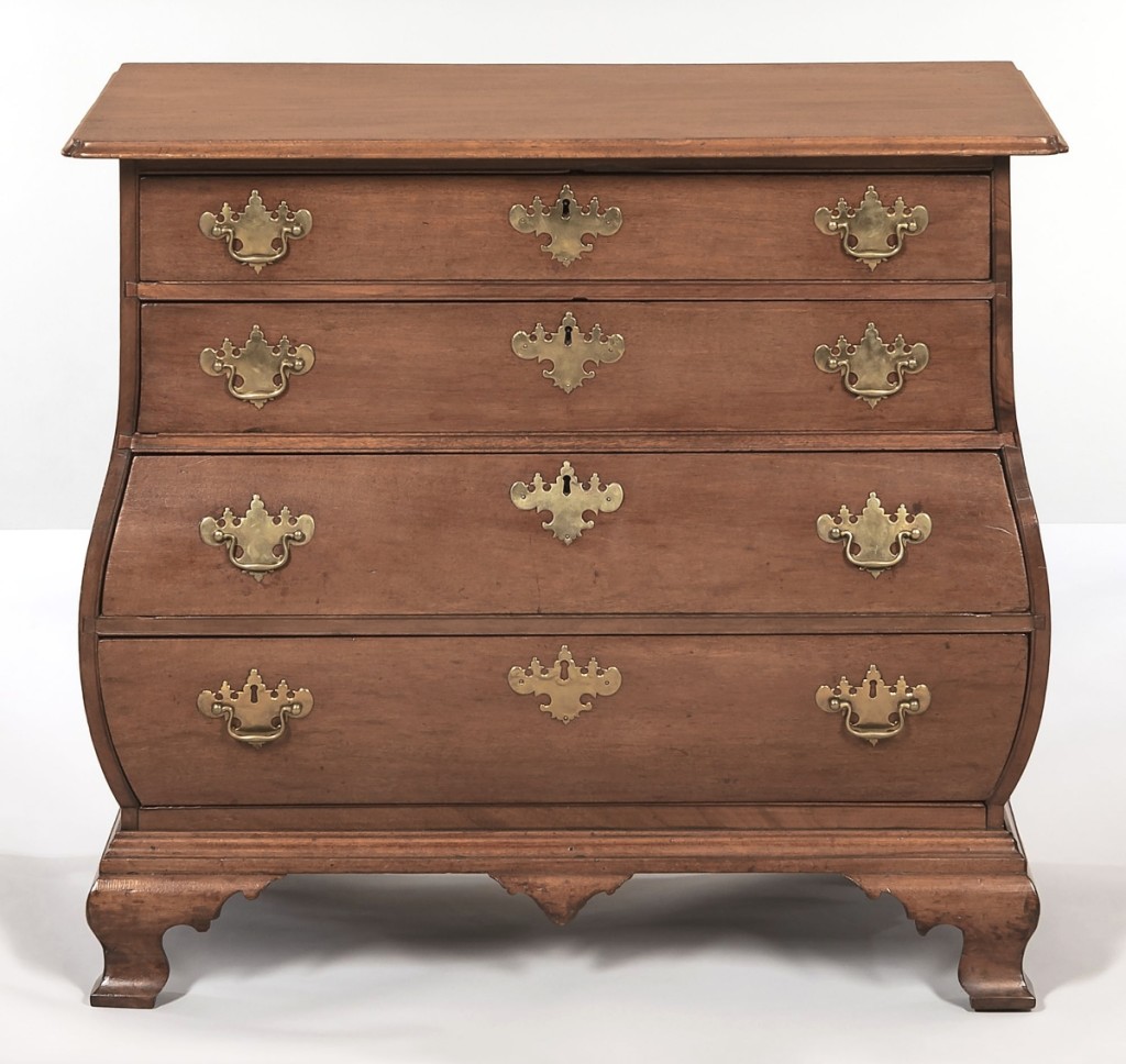 The highest priced item in the sale, bringing $43,750, was a Chippendale mahogany bombe chest of drawers, made in Boston or Salem, circa 1760-80. Since 1970, it had been owned by the Society for the Preservation of New England Antiquities, (now Historic New England), and was being sold for its benefit.