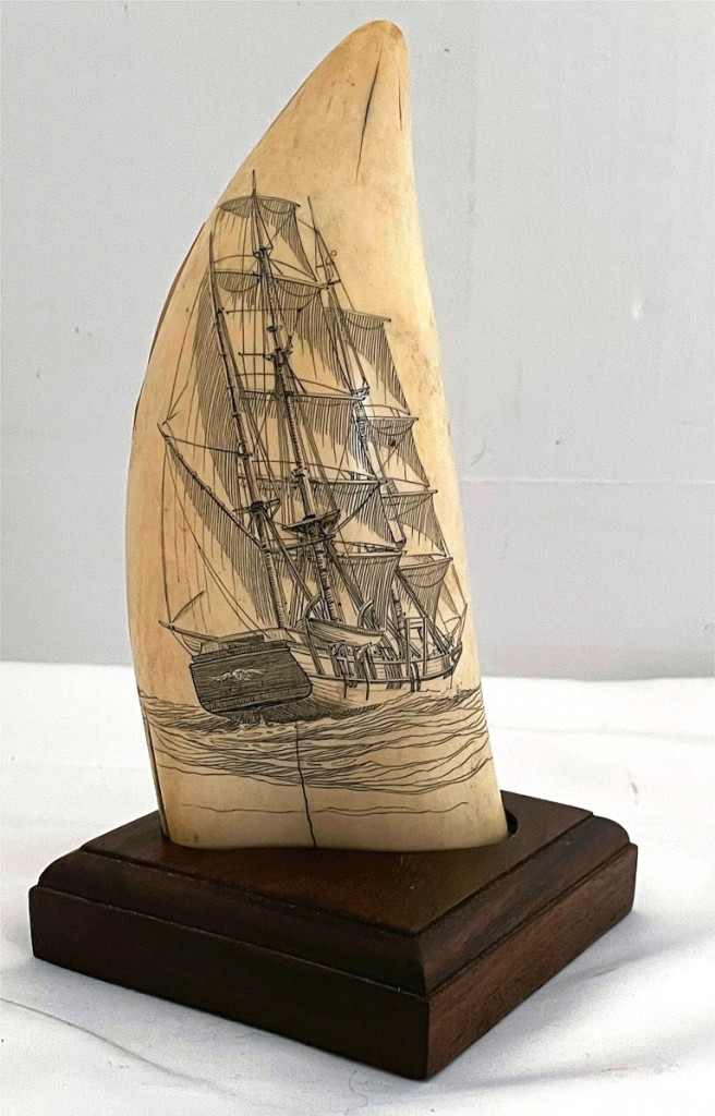 Bringing $3,720, more than expected, was a Twentieth Century scrimshawed whale’s tooth depicting the bark Sunbeam on one side. The Sunbeam was a whaleship sailing from the port of New Bedford.
