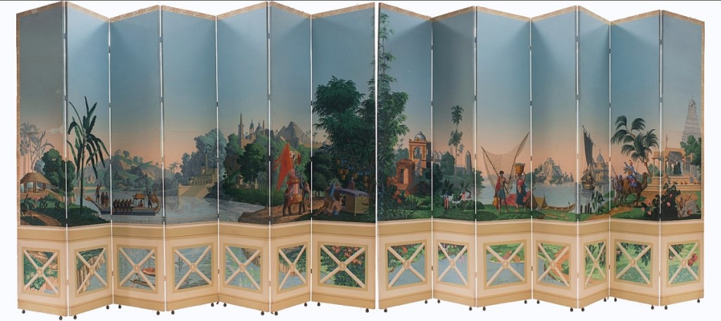 This large French Zuber 14-panel wallpaper screen with “The Hindustan” motif, displaying 14 of the scenic wallpaper’s original 20 panels, from a California Gentleman Collector, the sale of which unfolded to $10,625 ($8/12,000).