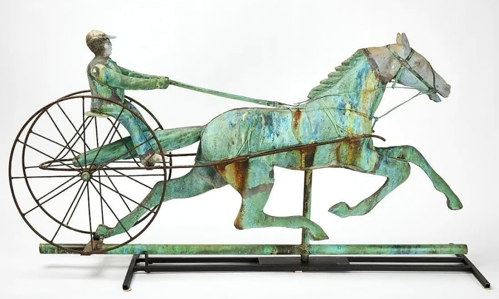 The highly detailed and molded copper, cast zinc and iron horse and sulky weathervane dated to circa 1880 and retained a verdigris surface the catalog described as “exceptional.” It ran to $17,500 ($10/15,000).