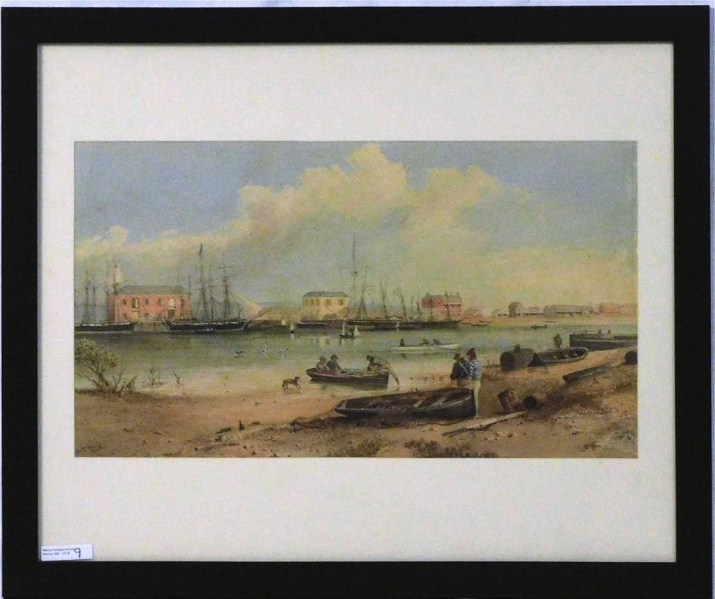 At $36,000, a rare, early watercolor of Port Adelaide, Australia, was the star of the sale. It was painted in 1848, at a time when Adelaide was not a whaling port and little known. The artist, Samuel Thomas Gill, became one of Australia’s most prominent artists, later producing numerous lithographs that sold well and depicted the area and the gold-mining, which had begun in 1851.