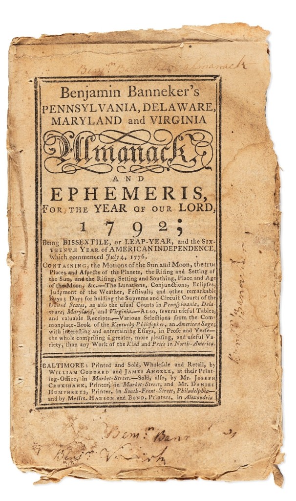 Benjamin Banneker’s scarce 1792 first almanac reached $75,000, triple its high estimate. Among the important dates noted in it are Washington’s birthday. Among the bits of information and wisdom that precede and follow the calendar portion, a note on page 5 reads “Needles first made in London, by a Negro, from Spain, in the reign of Q. Mary.” Banneker sent the manuscript of this first almanac to Secretary of State Thomas Jefferson, which began a famous correspondence.