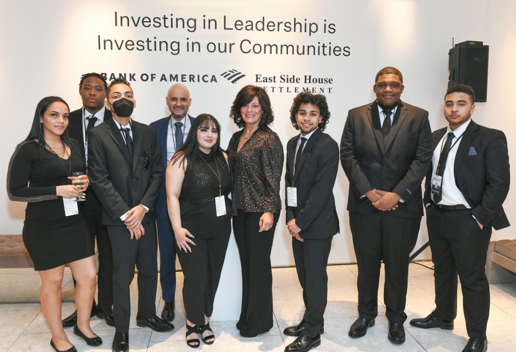 East Side House Settlement director Daniel Diaz, fourth from left, with ESHS volunteers and, center, Connie Verducci, Bank of America market executive, on opening night. All show revenues benefit the Bronx-based charity. Photo courtesy Madison McGaw, BFA.com.