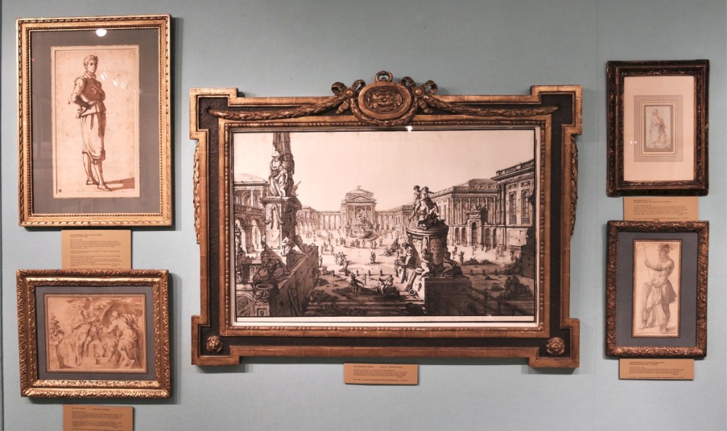 Centering this print wall is the ink and chalk drawing “An Architectural Capriccio: A Vast Forum with Sculptural Monuments” by Louis-Joseph Le Lorrain, first half of the Eighteenth Century. Hill-Stone, Inc., Dartmouth, Mass.