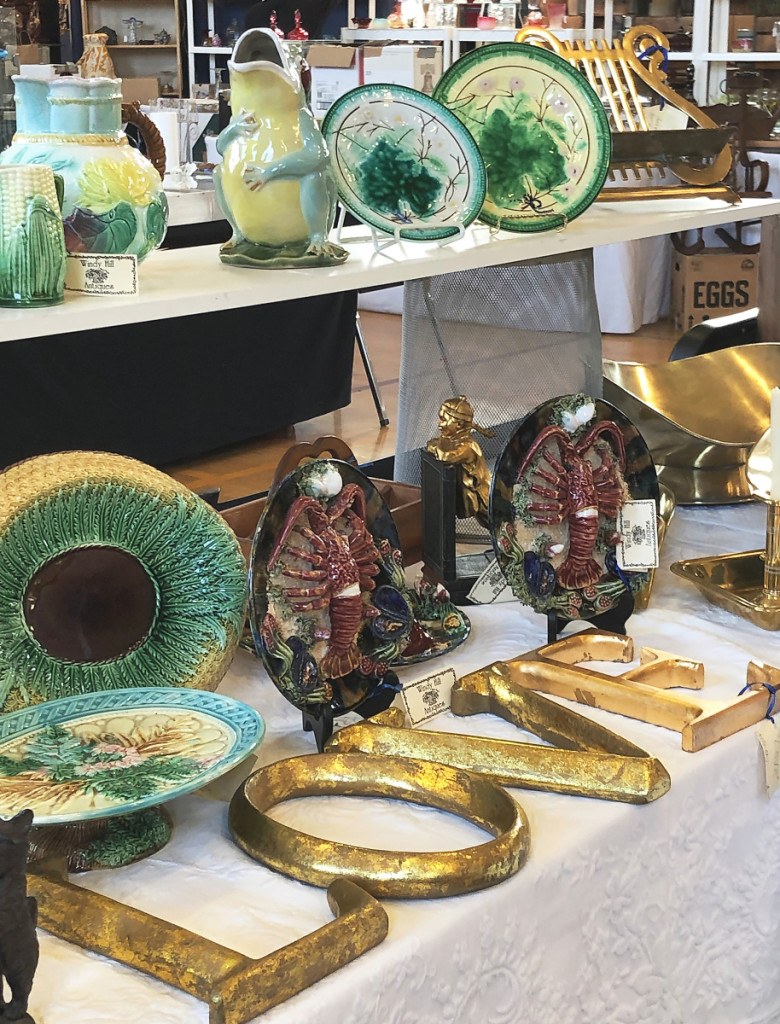 Windy Hill Antiques, Topsfield, Mass., brought a large selection of Nineteenth Century majolica with prices as low as $45 for a small corn pattern pitcher. They were asking $225 for each of the Palissy plates with three-dimensional lobsters.