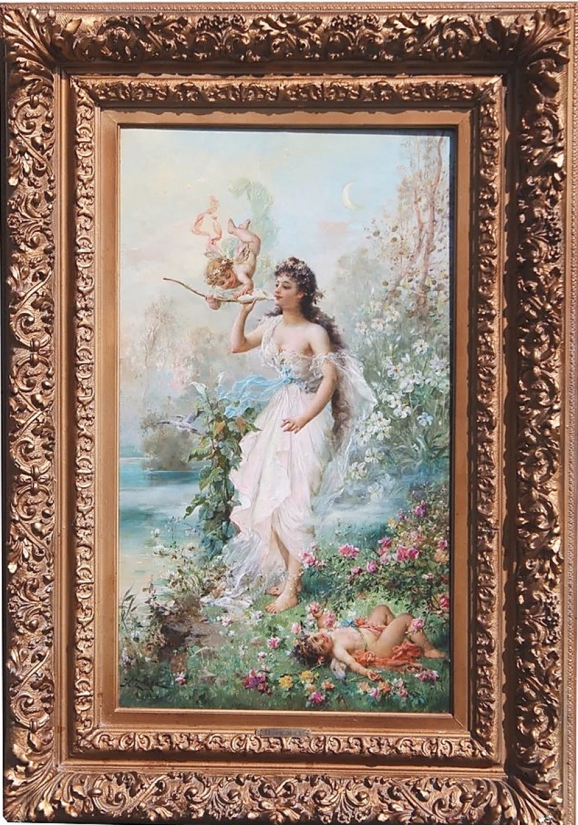 An online bidder paid $27,090 for the sale’s top lot, this oil on canvas allegorical painting of a maiden with two cherubs by Hans Zatzka (Austria-Italy, 1859-1945) in a 45-by-32-inch gilt frame ($18/25,000).