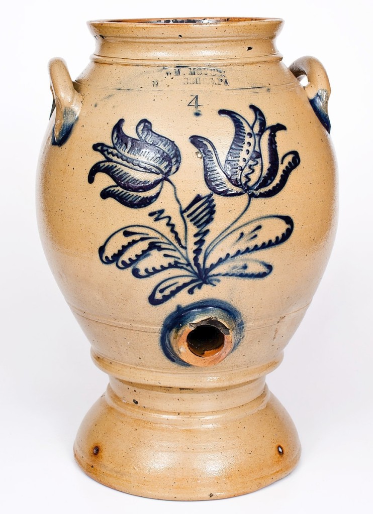 Leading the sale at $144,000 and setting a new record for Pennsylvania stoneware was this cobalt-decorated pedestal water cooler by Wm Moyer of Harrisburg, circa 1858-61 that had all the bells and whistles one would expect of a record setter ($30/50,000).