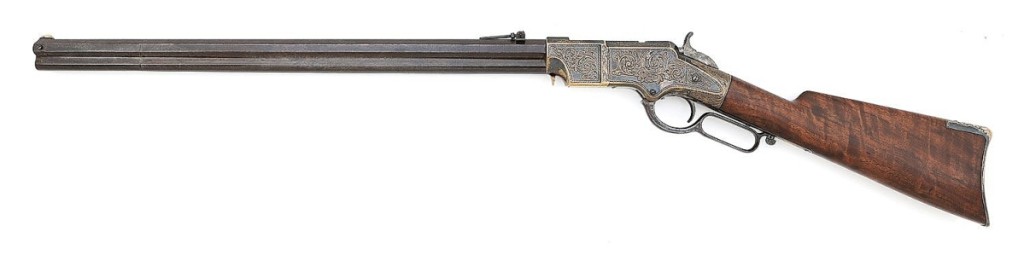 At 76,375, this 1860s factory engraved Henry rifle made by the New Haven Arms Company was the star of the sale. With a 24-inch barrel, it was engraved on all steel surfaces. These rifles were issued by the government during the Civil War, but in small quantities, so many soldiers bought their own. Later, Sioux and Cheyenne warriors also owned these rifles and put them to use at the Battle of the Little Big Horn.