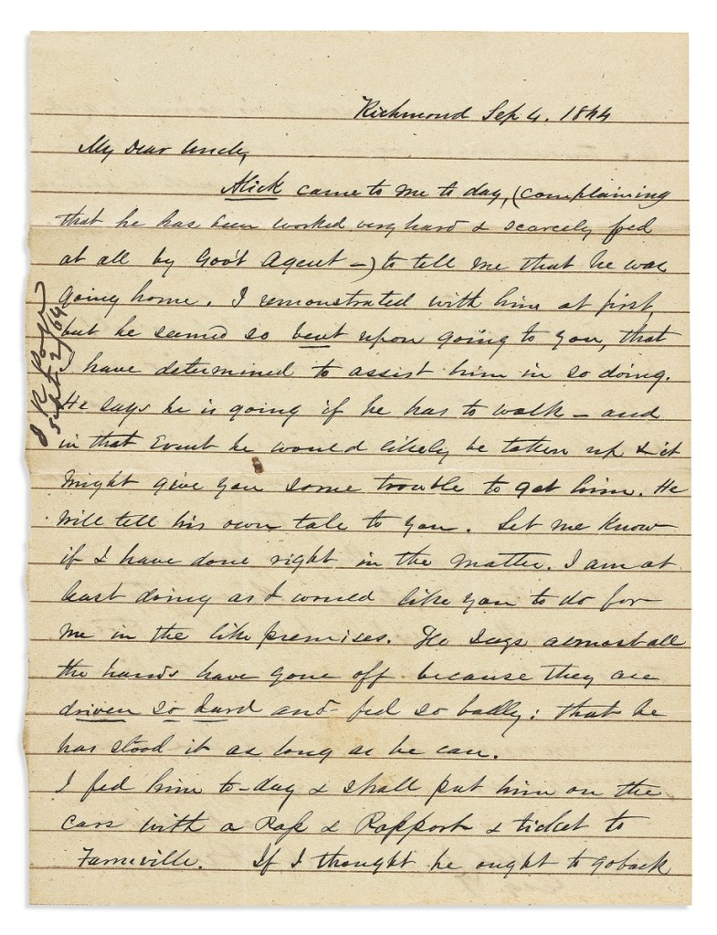 Bid to $42,500 against a $10/15,000 estimate was an archive of the slave-owning Randolph family of Virginia, totaling approximately 100 manuscript letters and documents in five binders and ranging from 1796 to 1865, with the bulk from 1833-1865.