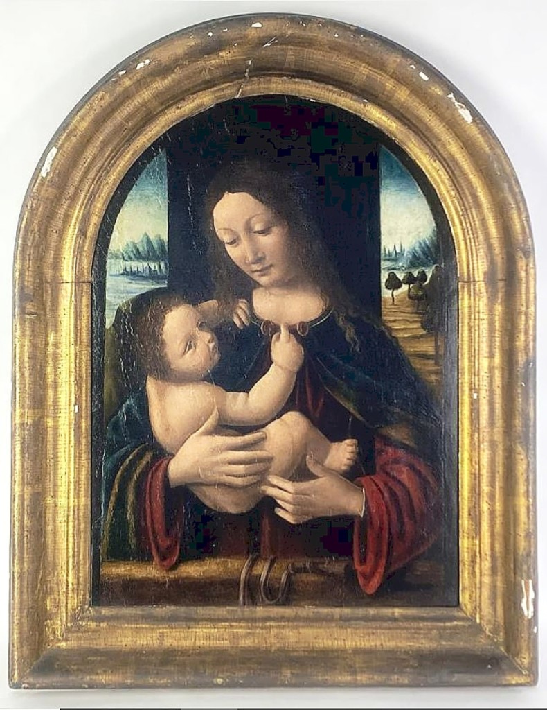 Another early Flemish painting that did well was this Madonna and Child, cataloged as “by a follower of Leonardi Da Vinci” and possibly in its original frame. It sold for $21,960. As with other paintings in the sale, this one was examined under black light, and those images were included in online descriptions.