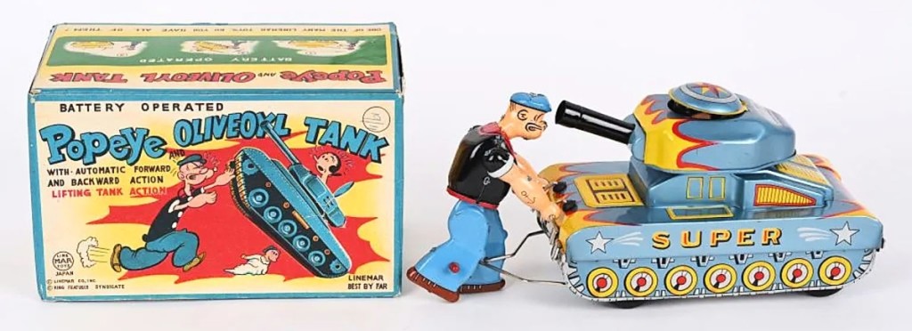 The selection of Popeye toys was led by the greatest rarity of them all: a Popeye and Olive Oyl Tank with its original pictorial box. Collectors pounced on the opportunity, pushing the lot to $87,500 against its $30/40,000 estimate.