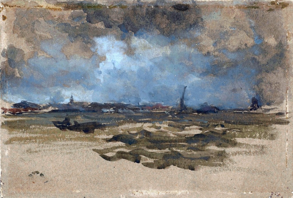 “Stormy Sea” by James Abbott McNeill Whistler (1834-1903),   circa 1899-1900. Signed with artist’s device (lower left). Watercolor   and gouache on paper laid down on board, 6-7/8 by 10 inches ($80/120,000). Photo courtesy Bonhams.