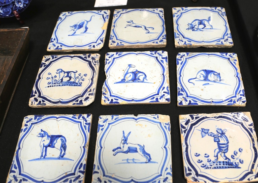 On offer with Whittaker House Antiques was this group of nine Eighteenth Century blue and white Delft tiles with animals. They were priced individually or as a set. New York City.
