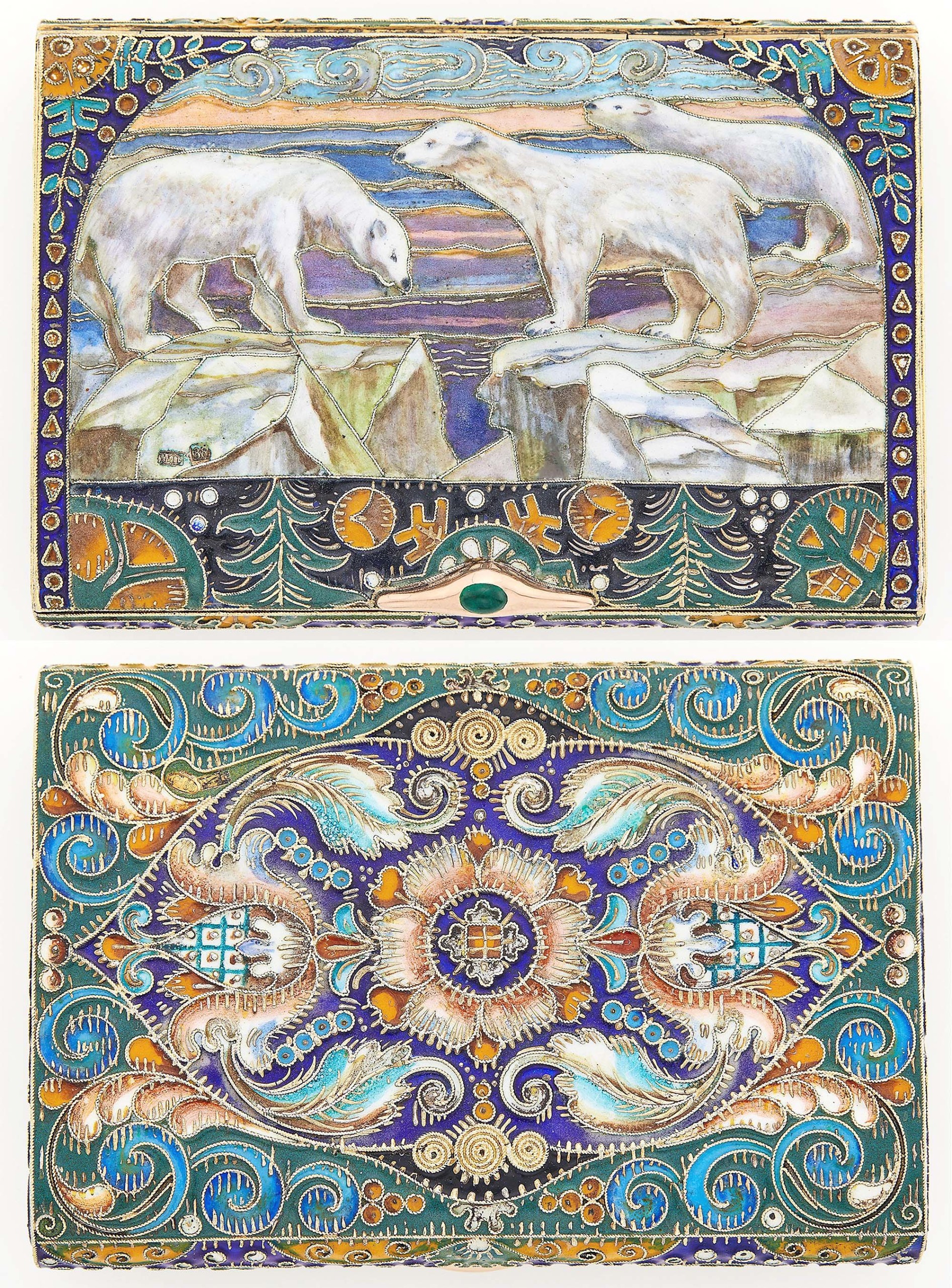 Depicting polar bears on the top and floral scroll designs on th