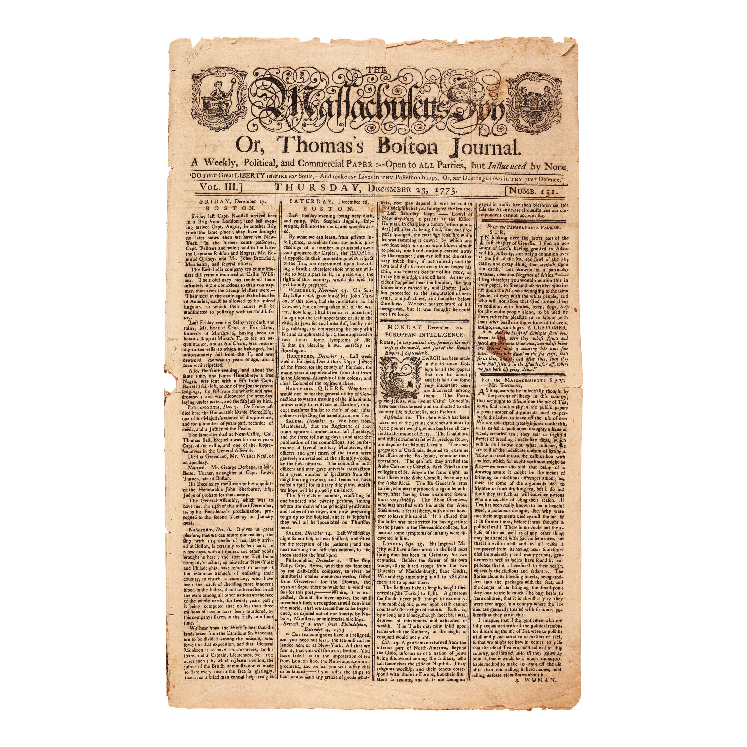 This Thursday, December 23, 1773, copy of The Massachusetts Spy